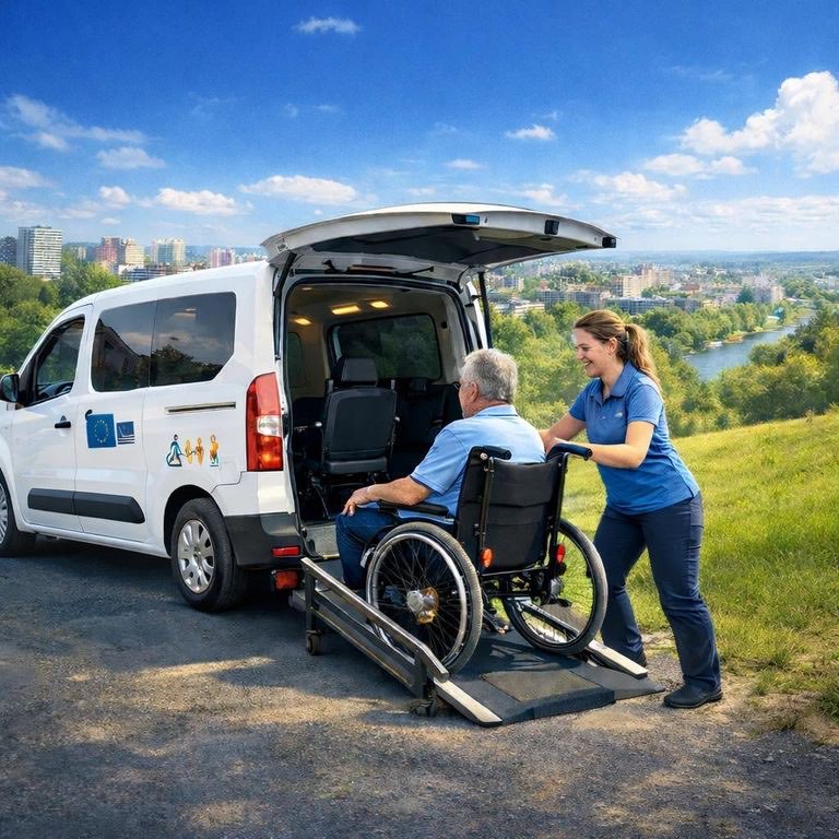 Darbuotoja padeda moteriai neįgaliojo vežimėlyje užvažiuoti rampa į pritaikytą automobilį