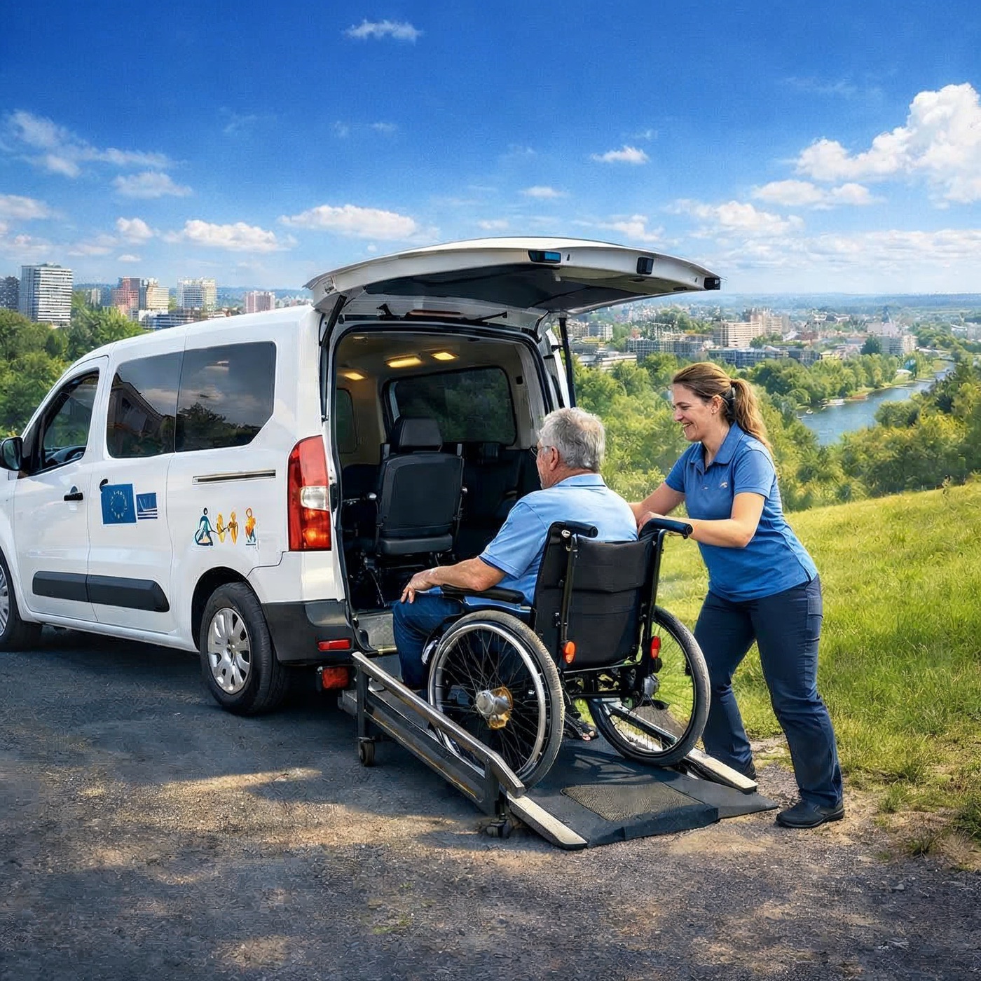 Draugijos vairuotoja padeda žmogui vežimėlyje įvažiuoti į mikroautobusą per rampą